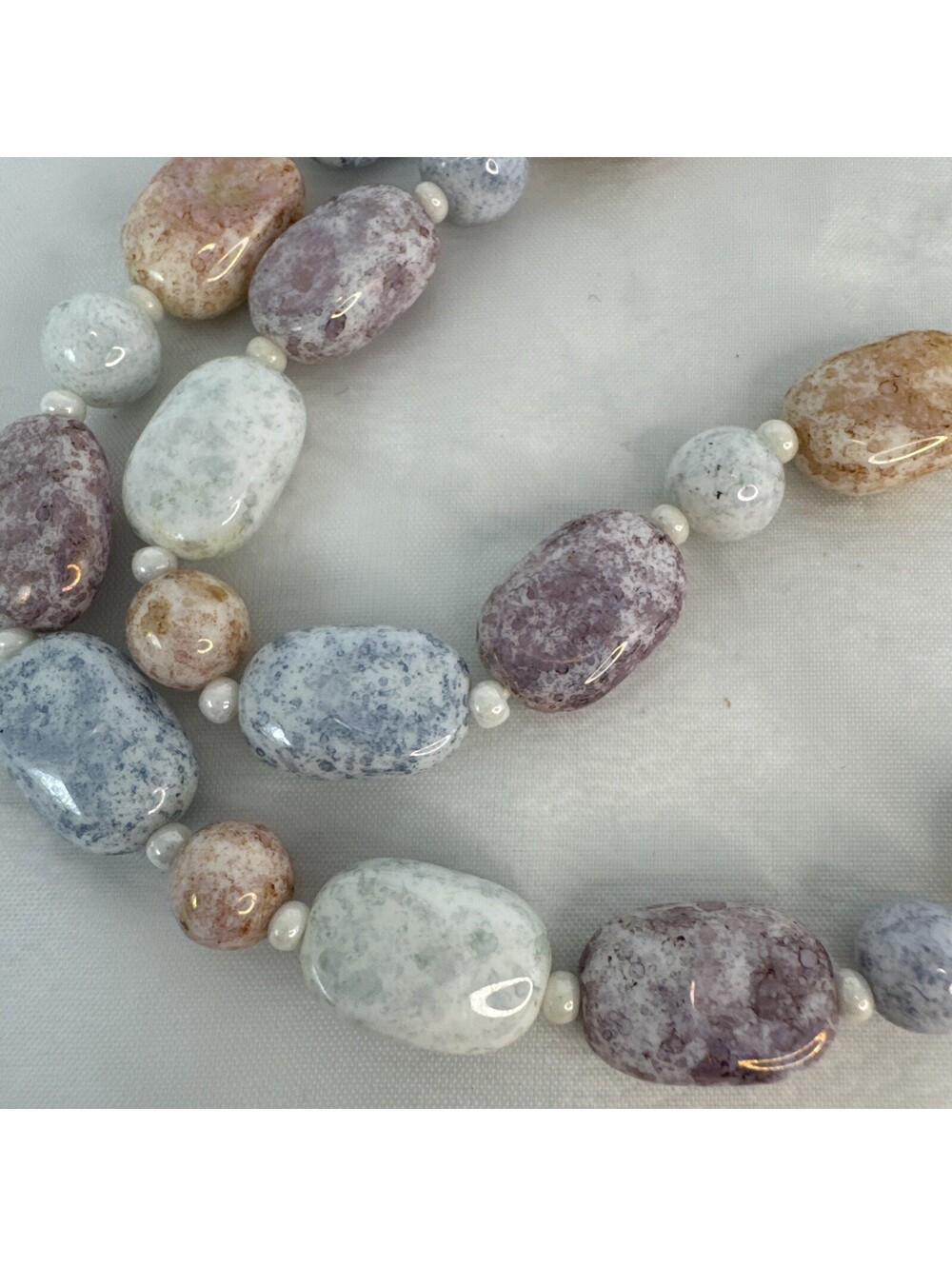 Vintage 70’s-80’s Pastel Speckled Ceramic Bead Necklace 31 Inch Mottled Glaze